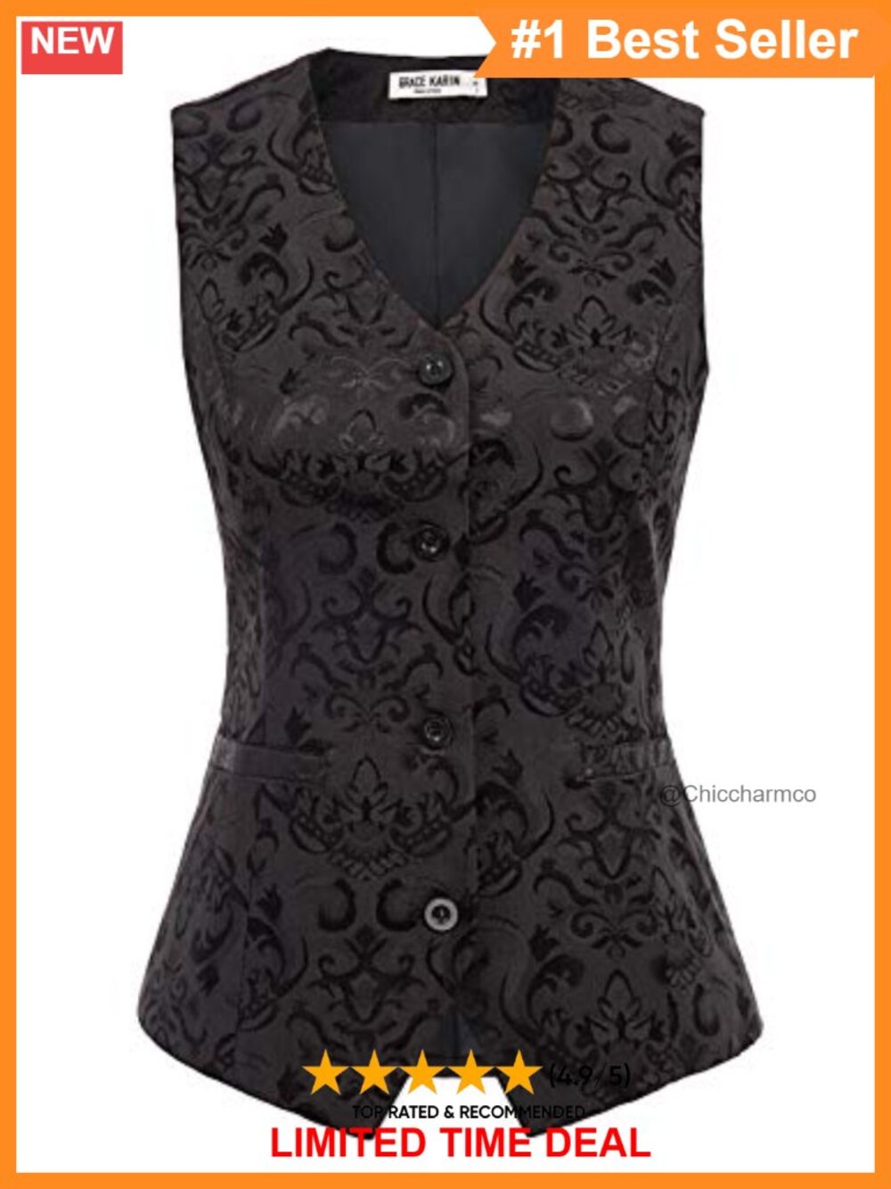 Women's Jacquard Waistcoat Vest Steampunk Formal Button Up V-Neck Sleeveless
